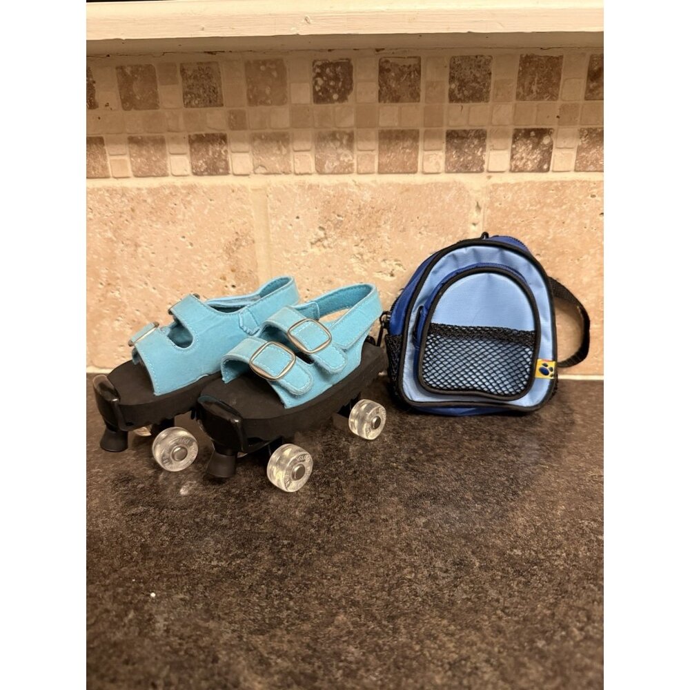 Build-A-Bear Roller Skates‎ Black Base w/ Blue Sandals + Mini Backpack Bundle